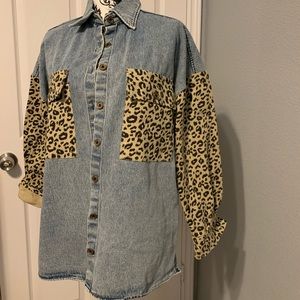 Entro Blue and Leopard Print Jean Jacket
